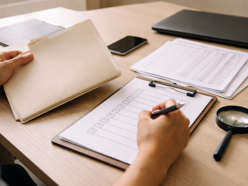 Person reviewing public records on a desk with a checklist and a government-style document folder.