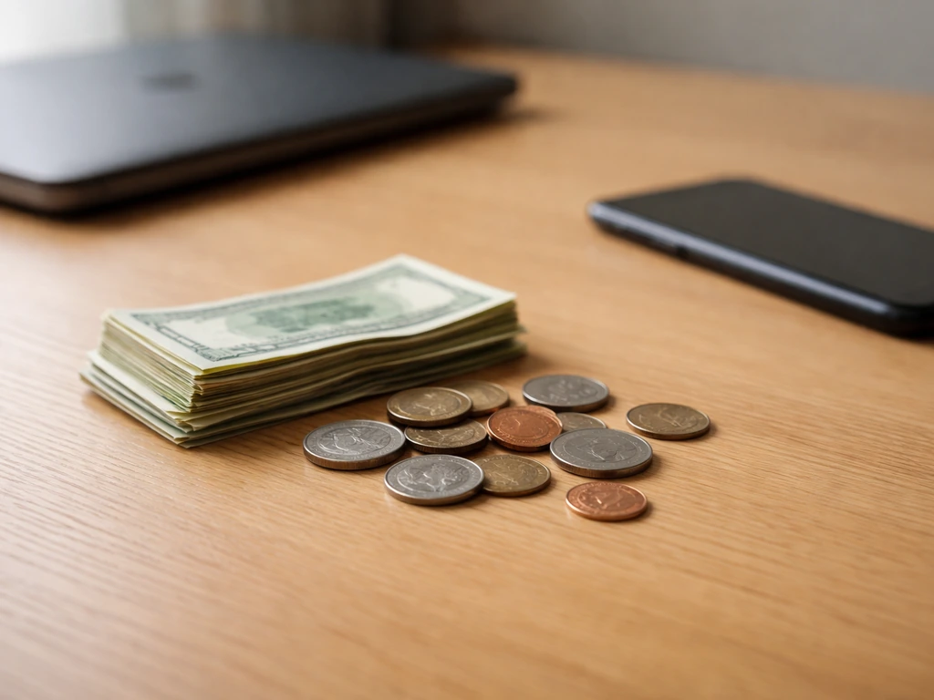 Minimal desk scene with scattered coins and a dark smartphone, suggesting a net worth range concept.