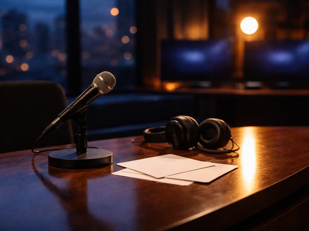 Late-night TV studio desk with microphone and warm lights, symbolizing a long-running talk show income source.
