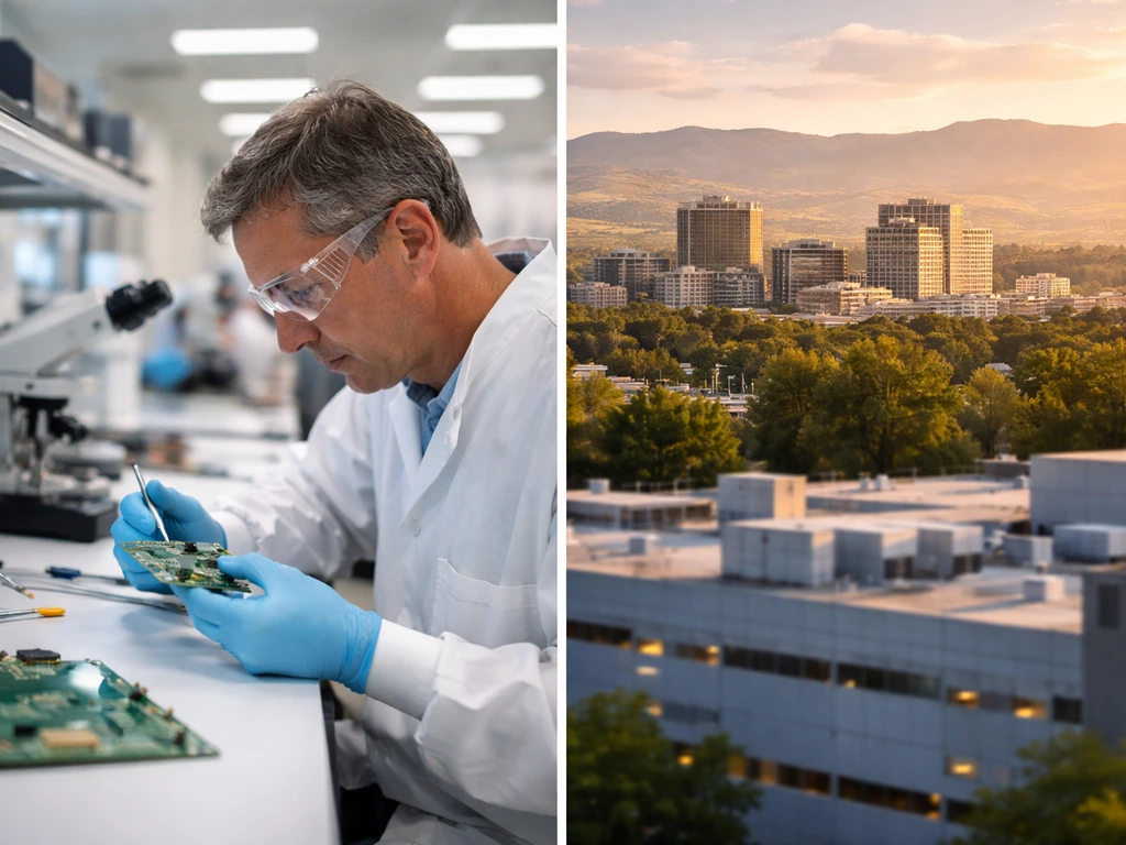 Split-screen style image: anonymous businessman at a semiconductor lab desk and a Boise skyline backdrop