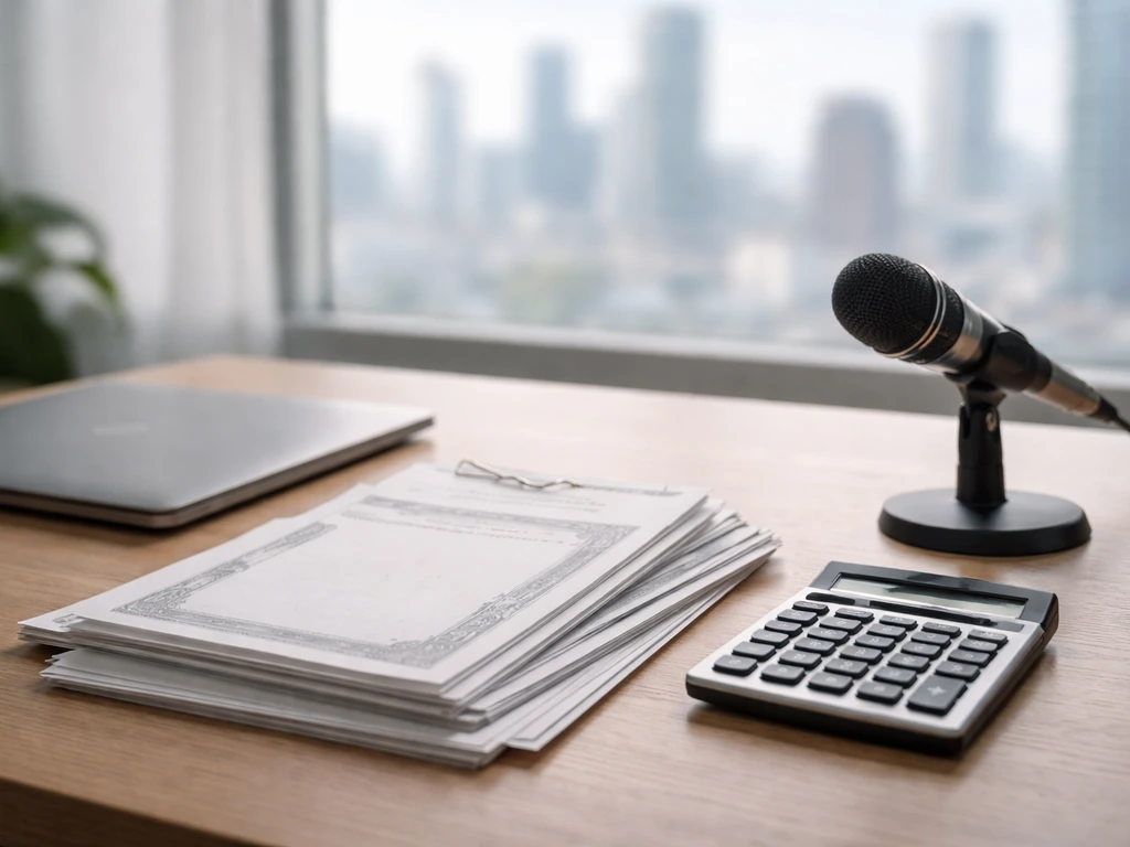 Minimal desk scene with documents and a calculator, symbolizing salary, equity, options, and estimate inputs.
