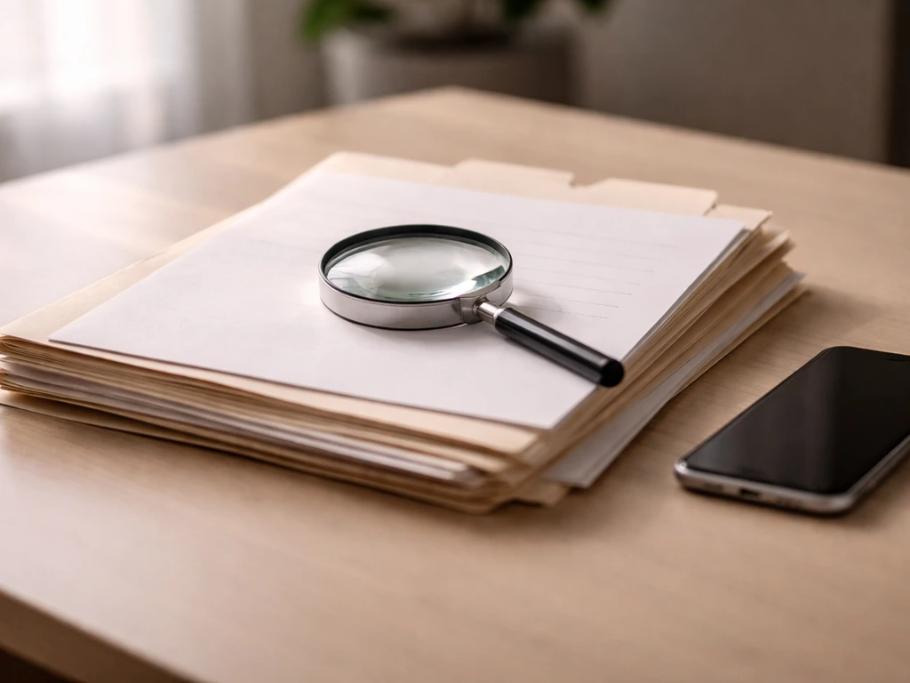 Documents, smartphone, and a magnifying glass on a desk symbolizing verifying the right person.