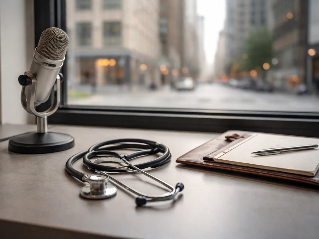 Clinician-style desk with stethoscope and microphone, New York city light through a window, no people shown