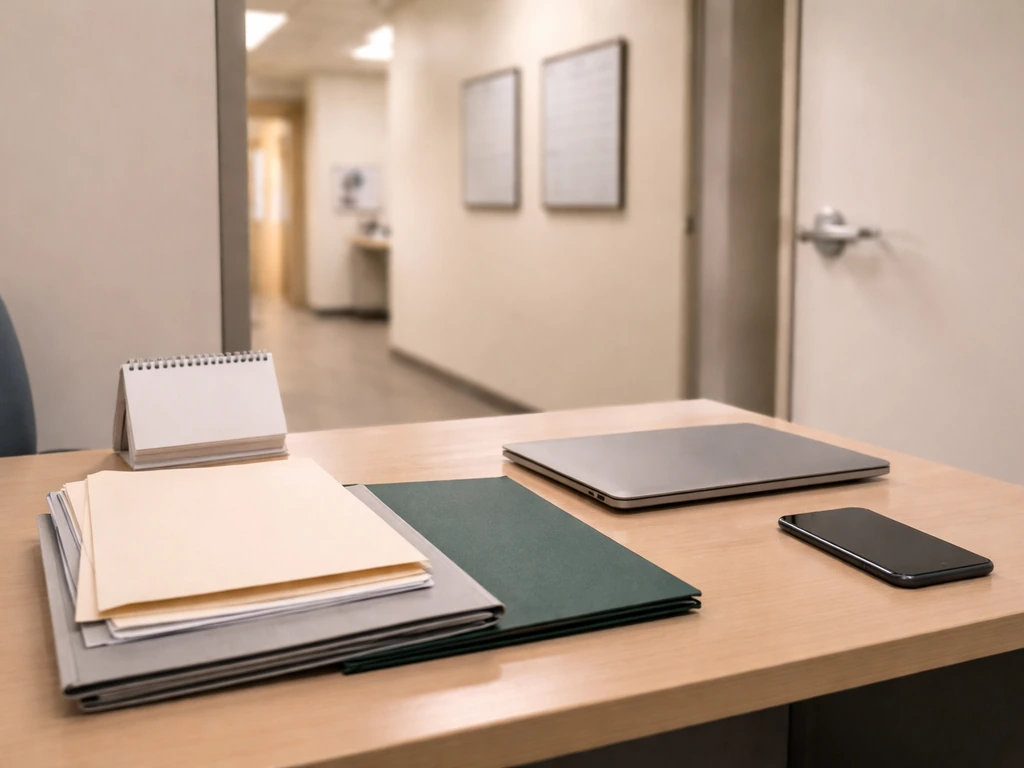 Minimal urgent-care office desk with colored folders and quiet corridor, symbolizing employed pay vs equity incentives.