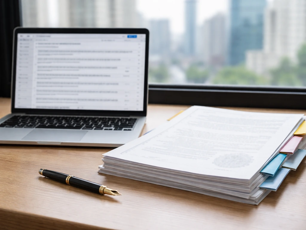 Minimal desk scene with laptop and official-looking filings representing verification of public financial records.