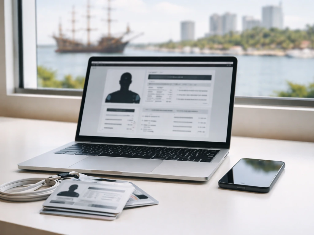 Laptop and phone on a desk with blank credentials, symbolizing verifying a sports roster identity.