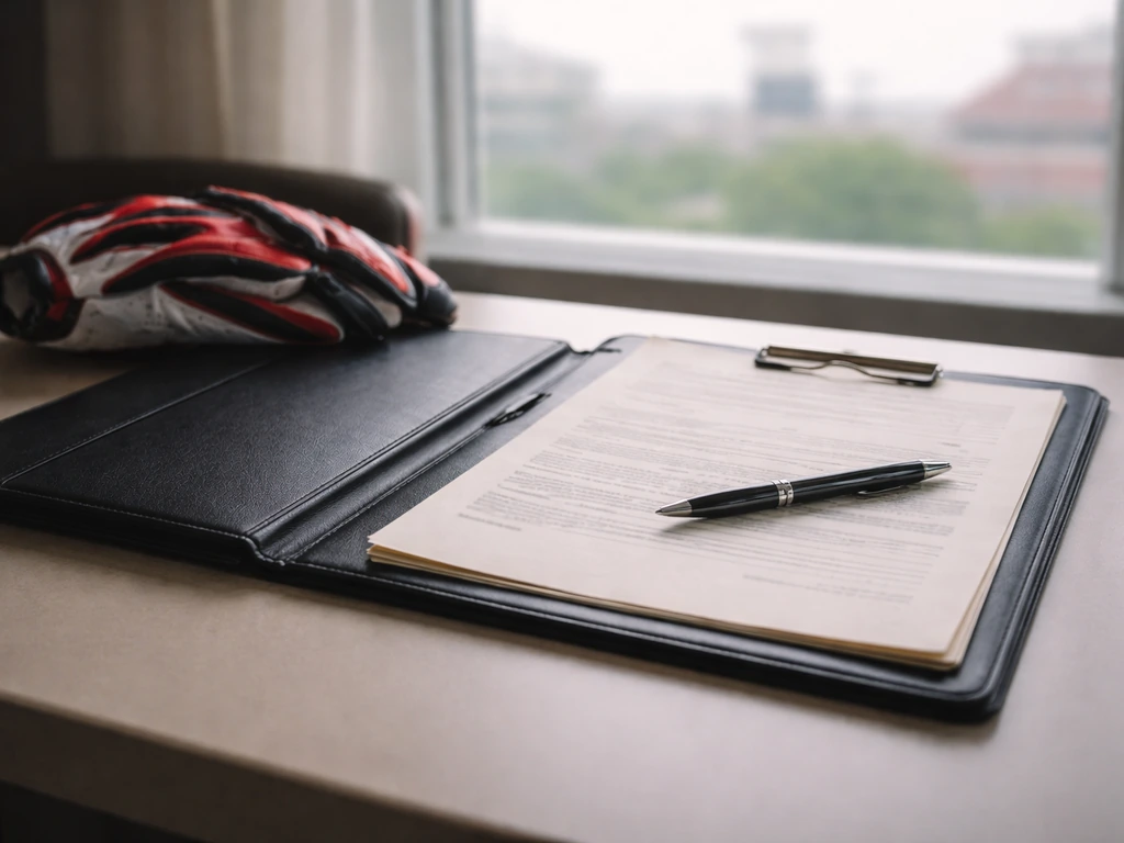 Open contract folder on a desk with pen and football gloves, minimal NFL-themed setting.