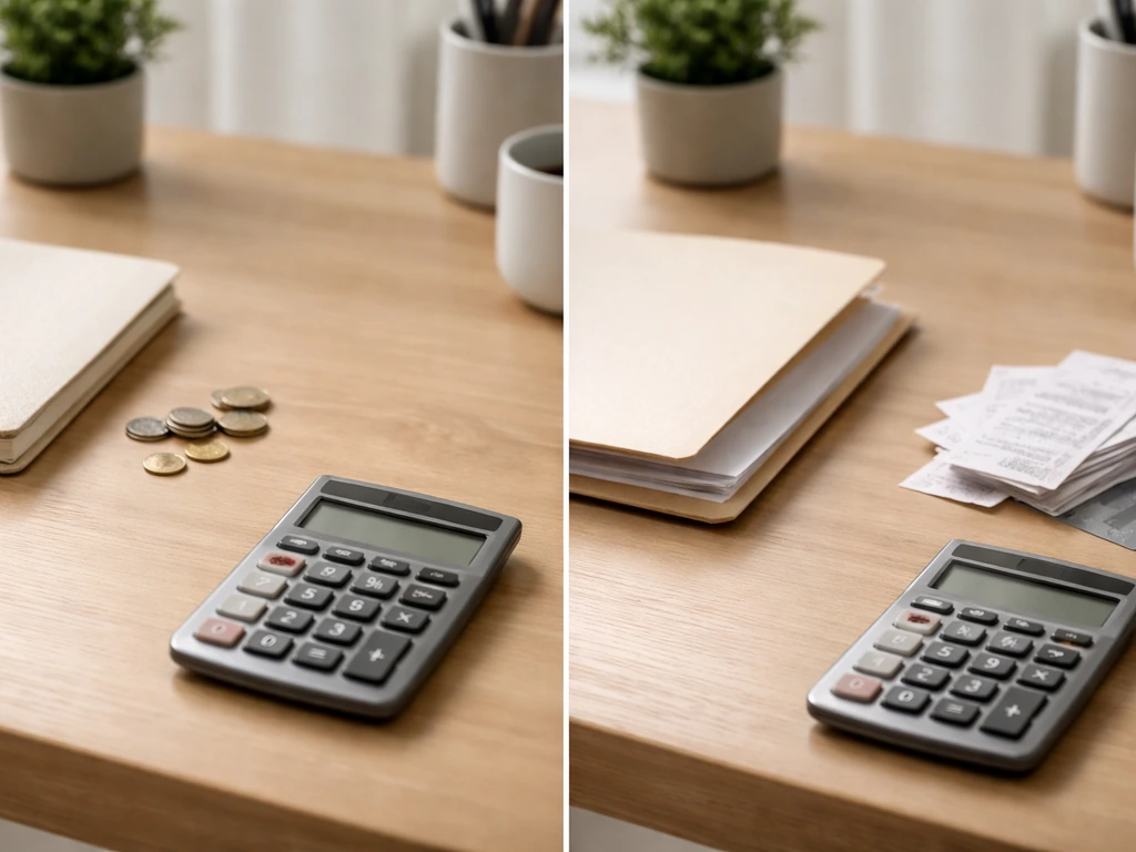 Two blurred desktop scenes separated by a subtle divider, showing cash and finance documents to imply differing estimate