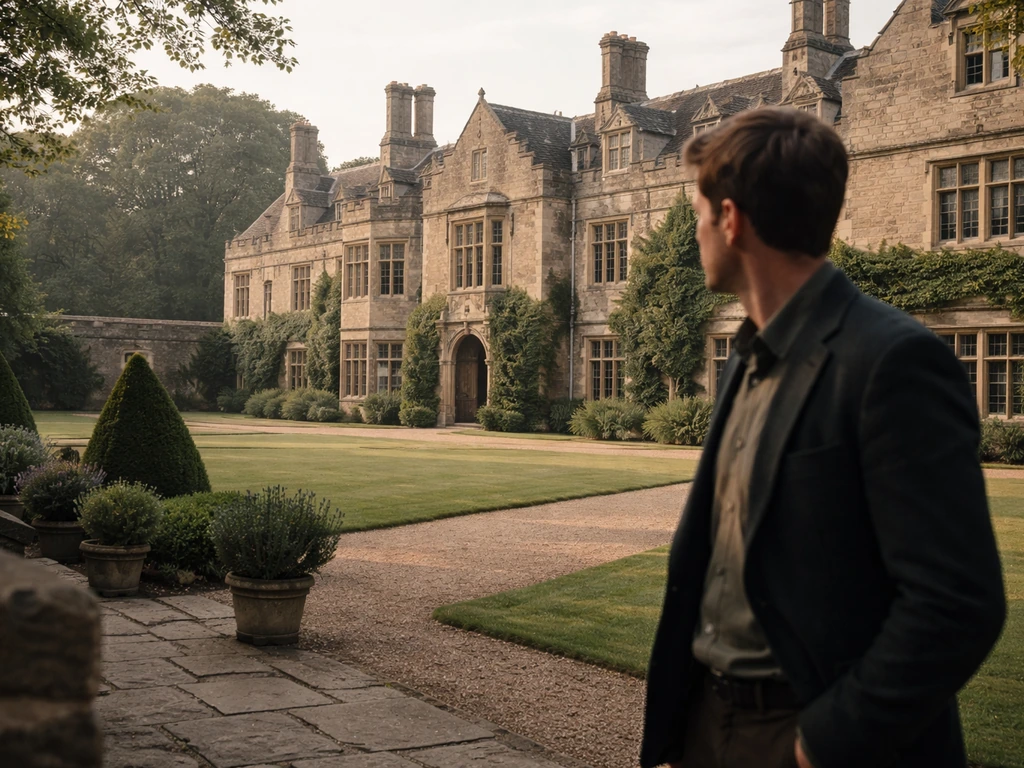 Anonymous man in formal attire in front of an elegant English manor with manicured gardens.