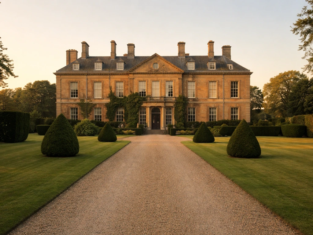 Golden-hour exterior of a grand English country-house estate with manicured grounds and no people.