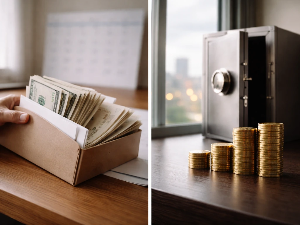 Split scene showing cash being received on one side and stored assets like coins or a safe on the other