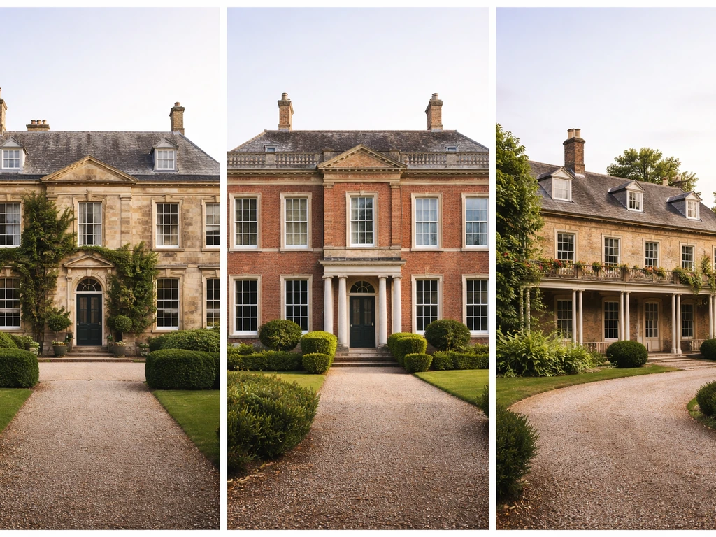 Minimal collage of country house facades in soft light, symbolizing inherited wealth profiles