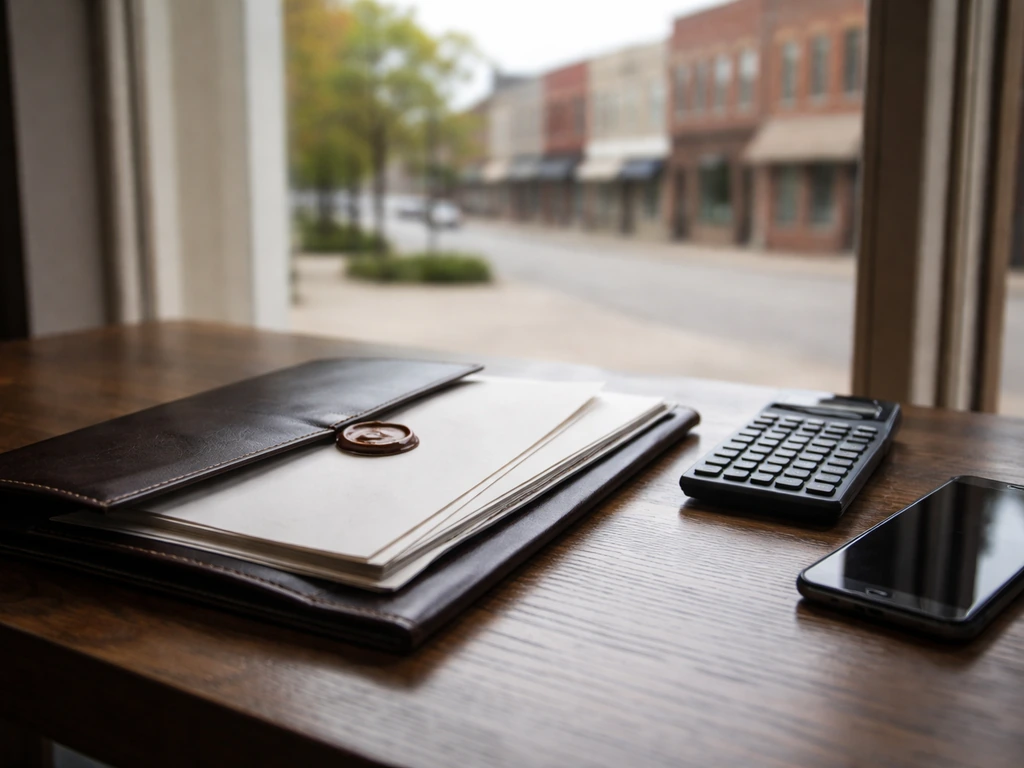 Close-up of a leather folder with sealed documents beside a calculator and city skyline through a window