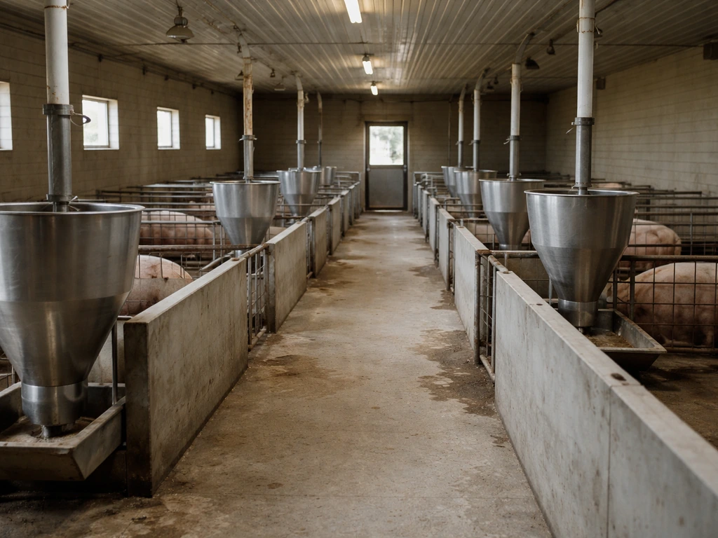 Modern hog farm facility with feeding equipment and muddy lane under overcast light