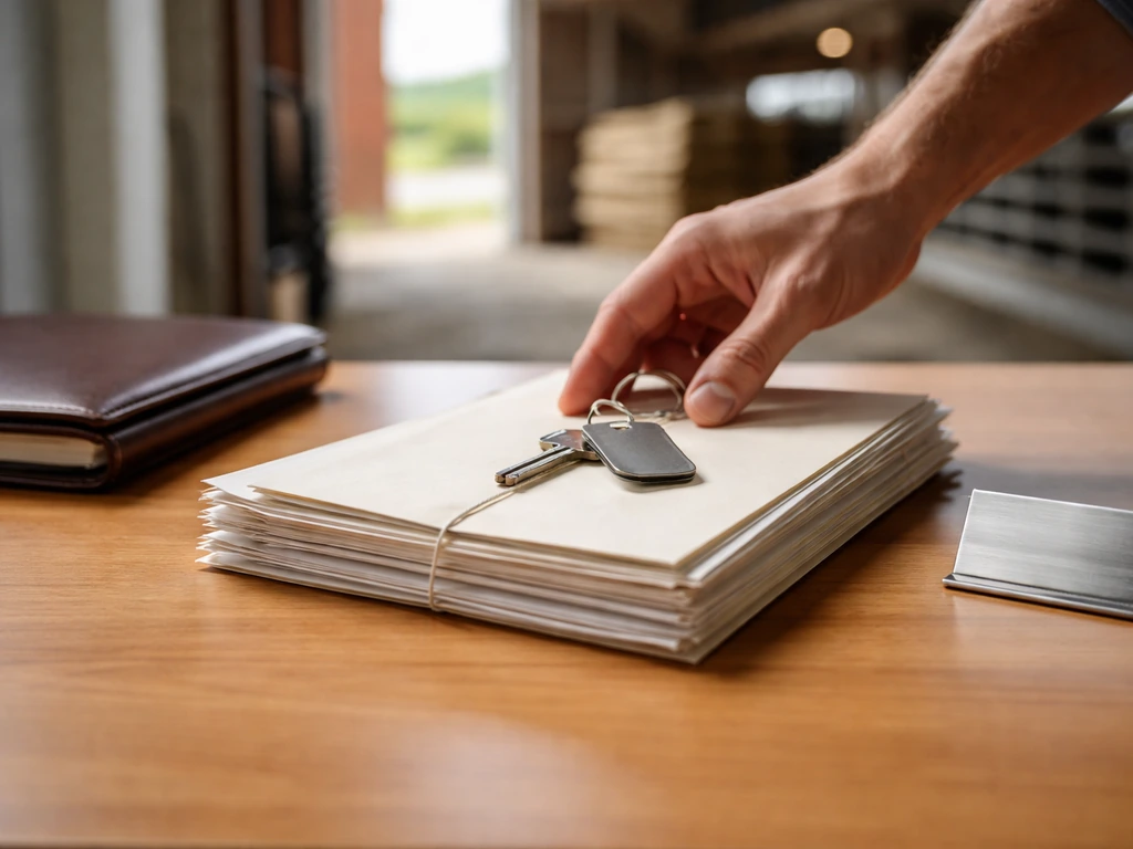 Hand places documents and a key fob on a desk, with a farm warehouse softly blurred behind.