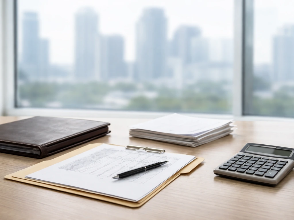 Minimal office scene with documents and a calculator suggesting net-worth estimates from public records