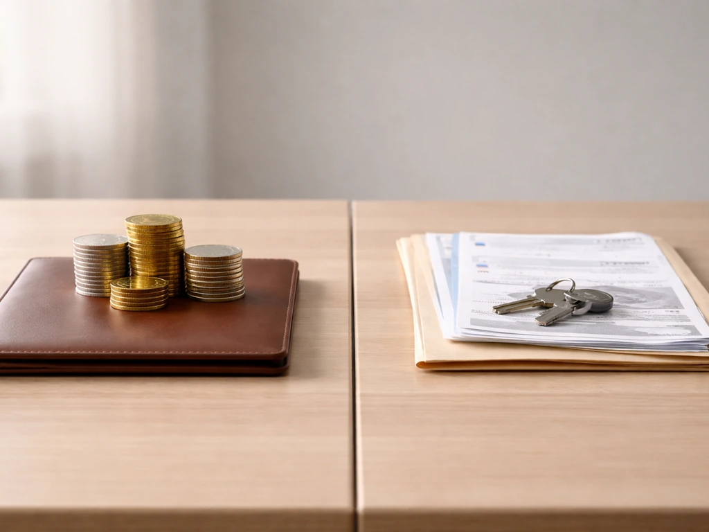Tabletop scene with two simple stacks: coins for assets and a bill folder for liabilities