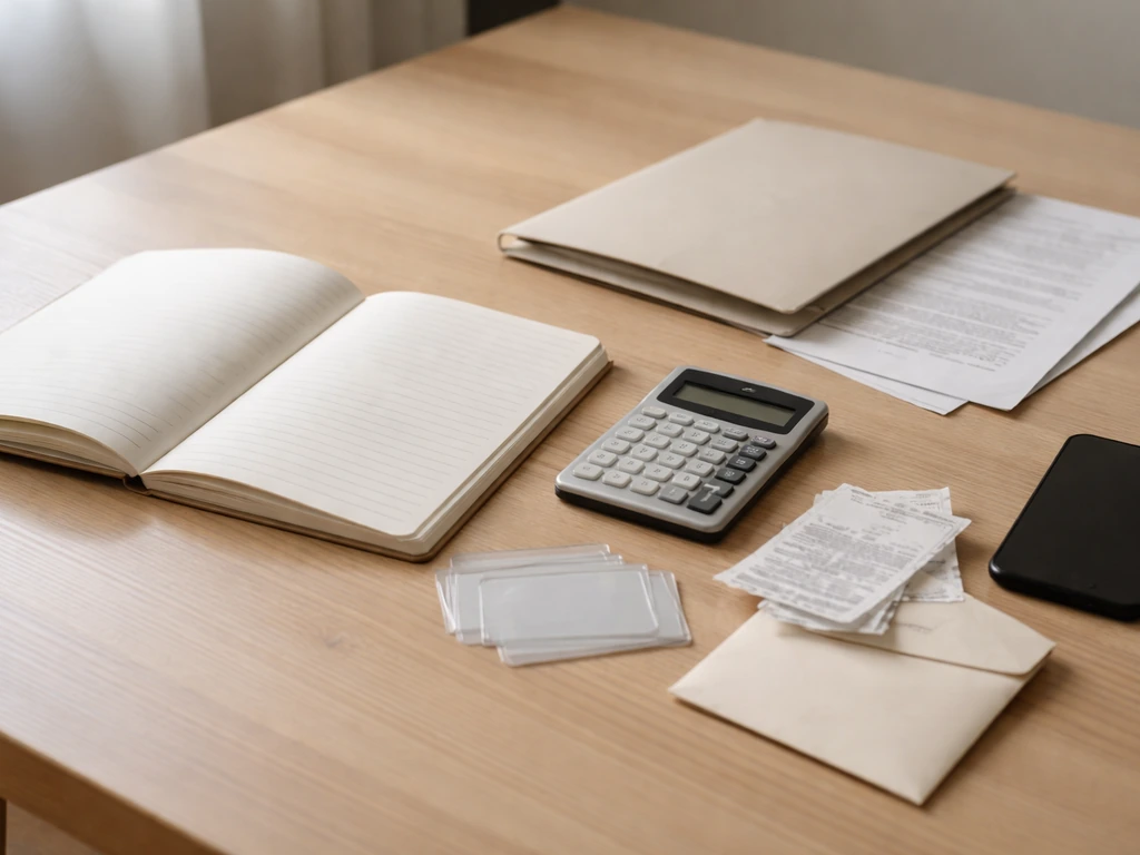 Minimal desk scene with a calculator and blank documents symbolizing net worth calculation inputs.