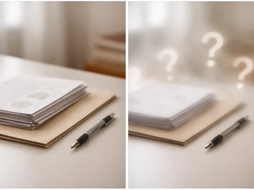 Minimal split scene: sharp evidence-like documents on one side, blurred rumor elements on the other.