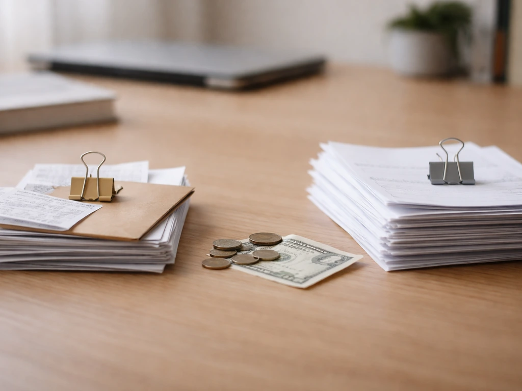 Two blurred envelope and receipt stacks with varied currency clips suggesting differing net-worth estimates