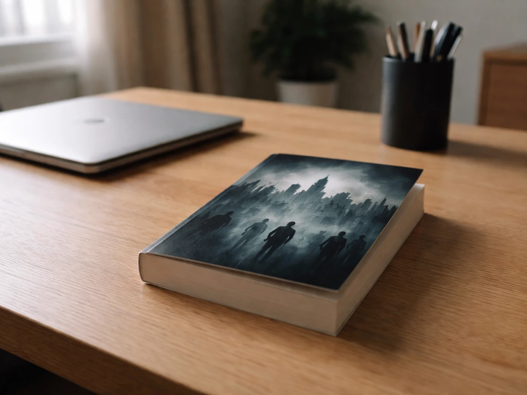 A desk with an open book showing a ghostly Manhattan-themed cover beside a laptop, cinematic natural light