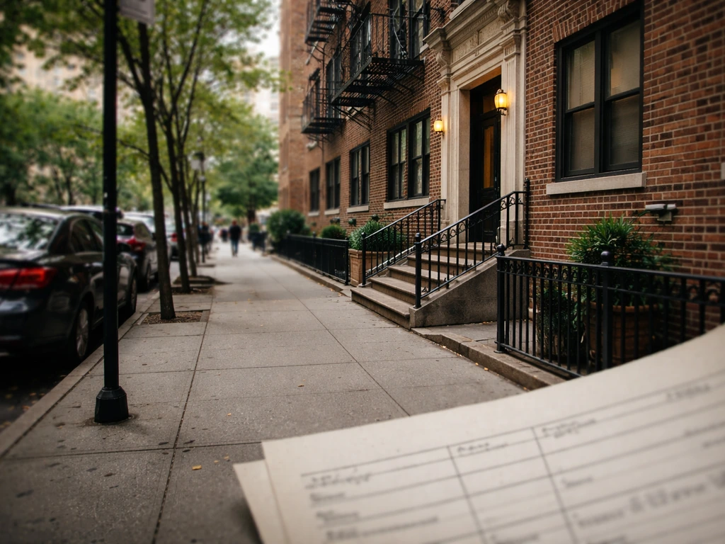 Street-level view toward a Manhattan apartment building, suggesting NYC property records with an unlabeled typed overlay