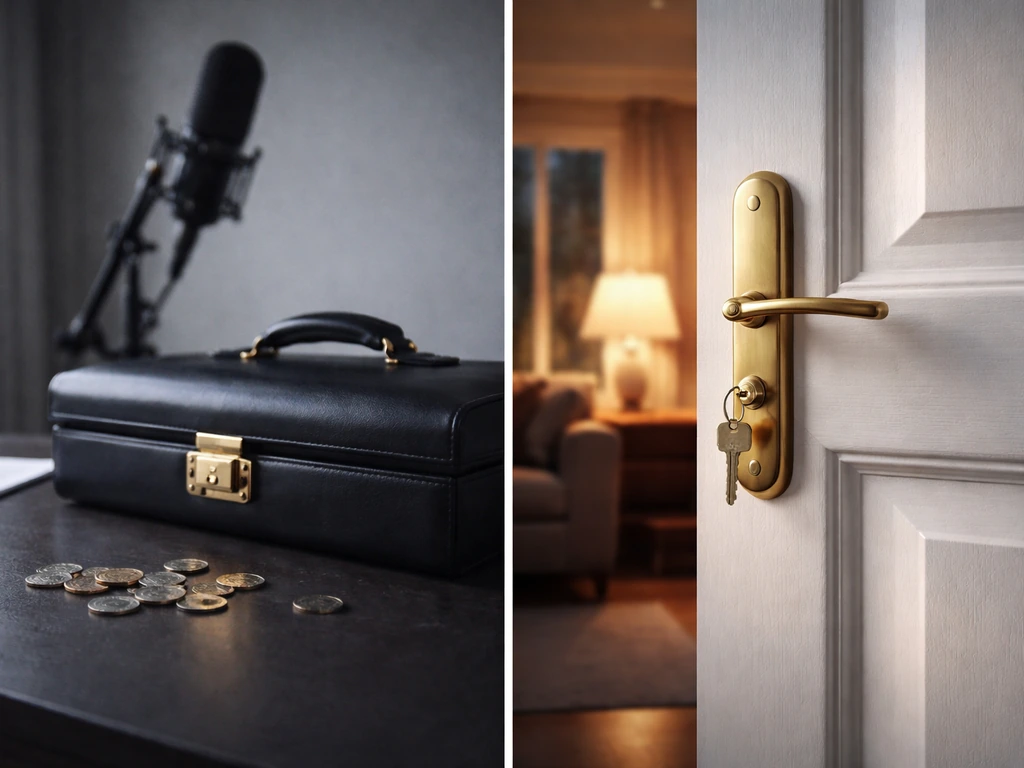 Minimal split-scene symbolizing individual vs household wealth with media and home icons, no people