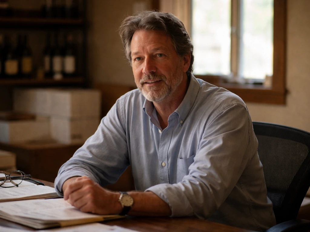 Tim Mondavi in a quiet winery office setting, documentary-style photo with warm natural light.