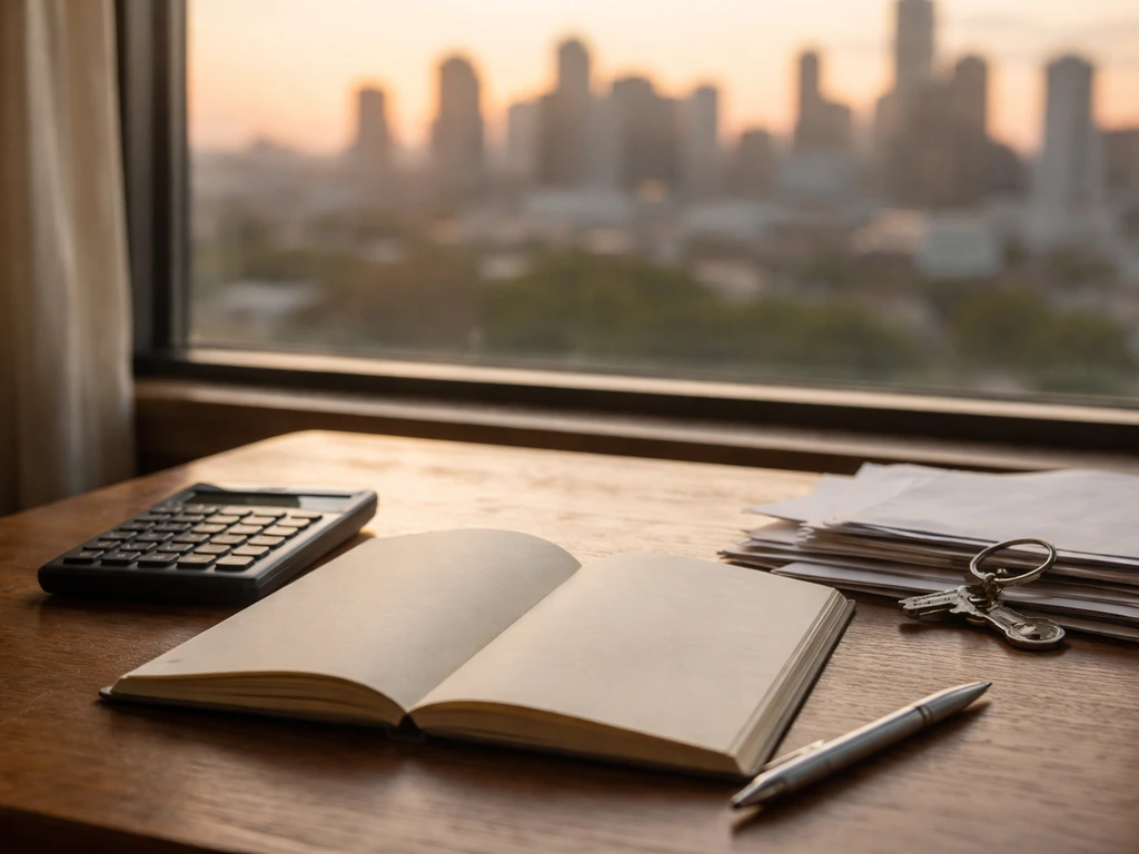 Sunlit office desk with a worn notebook, calculator, and blurred city skyline suggesting changing net-worth estimates ov