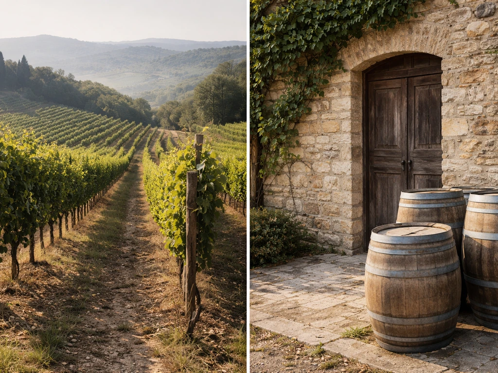 Sunlit vineyard rows beside a small stone winery entrance, symbolic of researching estate assets.