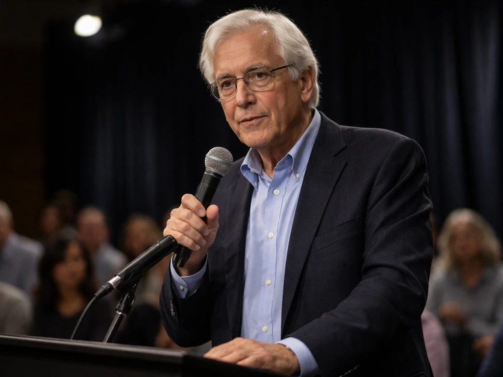 Anonymous political strategist at a small TV stage with a handheld microphone and blurred audience behind.