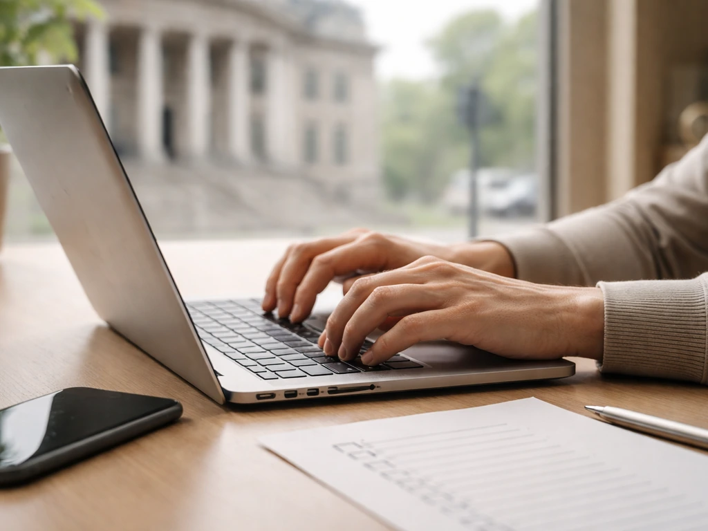 Hands review a laptop desk scene suggesting a county property records check without showing any text.