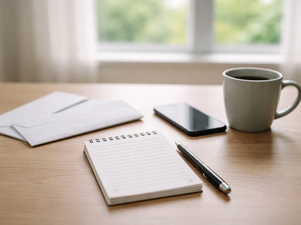 Minimal desk scene with envelopes, notebook, and phone, symbolizing side-by-side financial estimate comparison