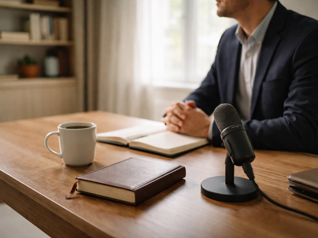 Anonymous consultant seated at a minimal desk with a microphone, coffee, and a softly lit office background.