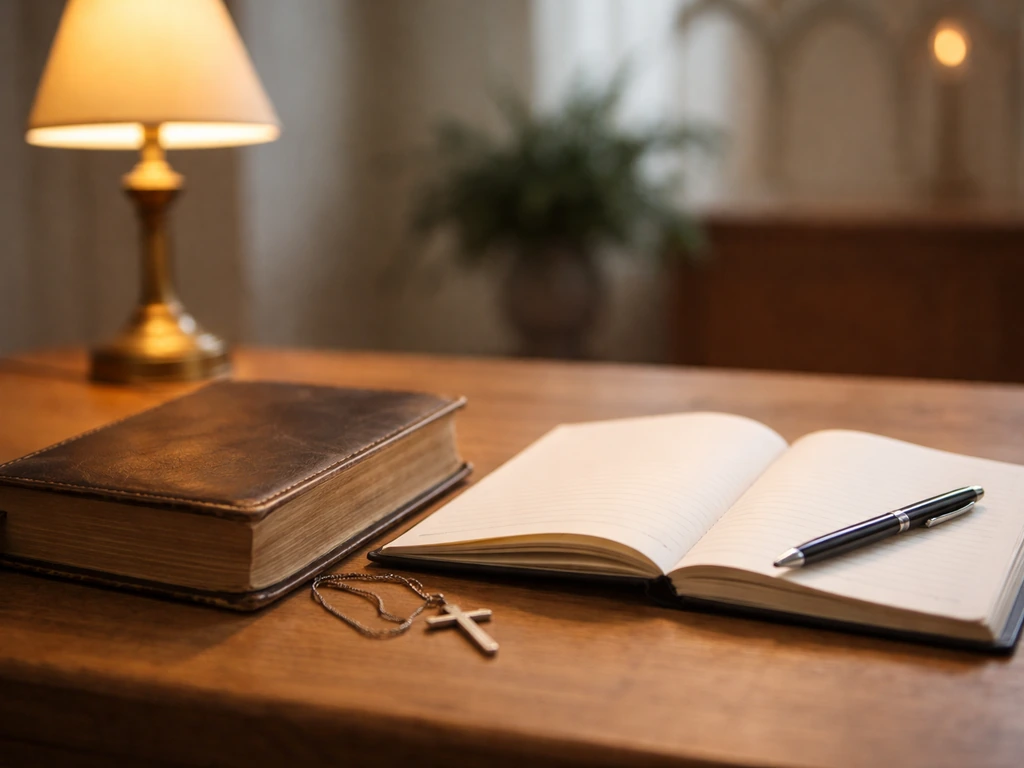 Close-up of a Bible and a notebook beside a desk lamp, suggesting a pastor-consultant identity check.