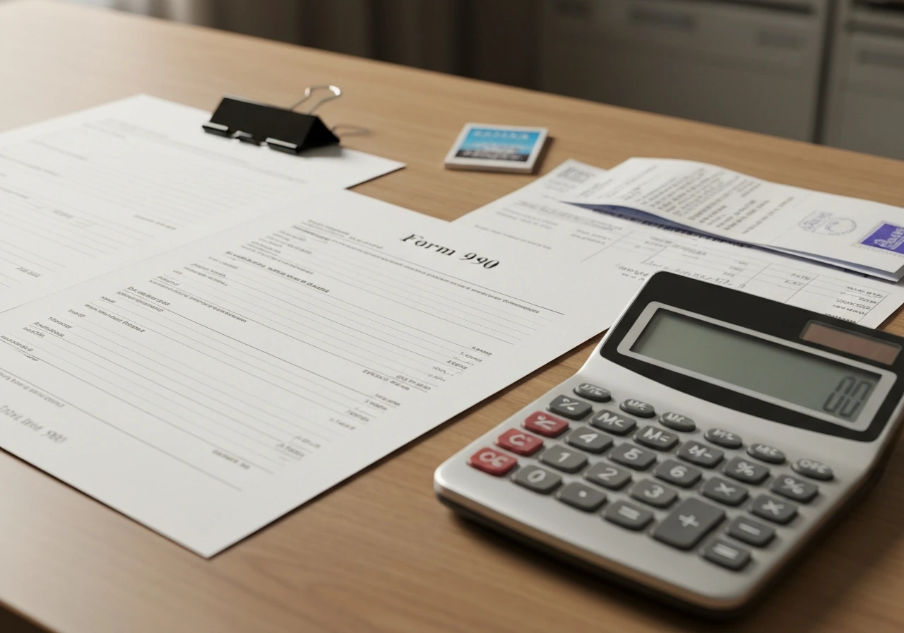 Close-up of nonprofit financial paperwork with stamped receipts and a calculator, symbolizing 990 donation figures.