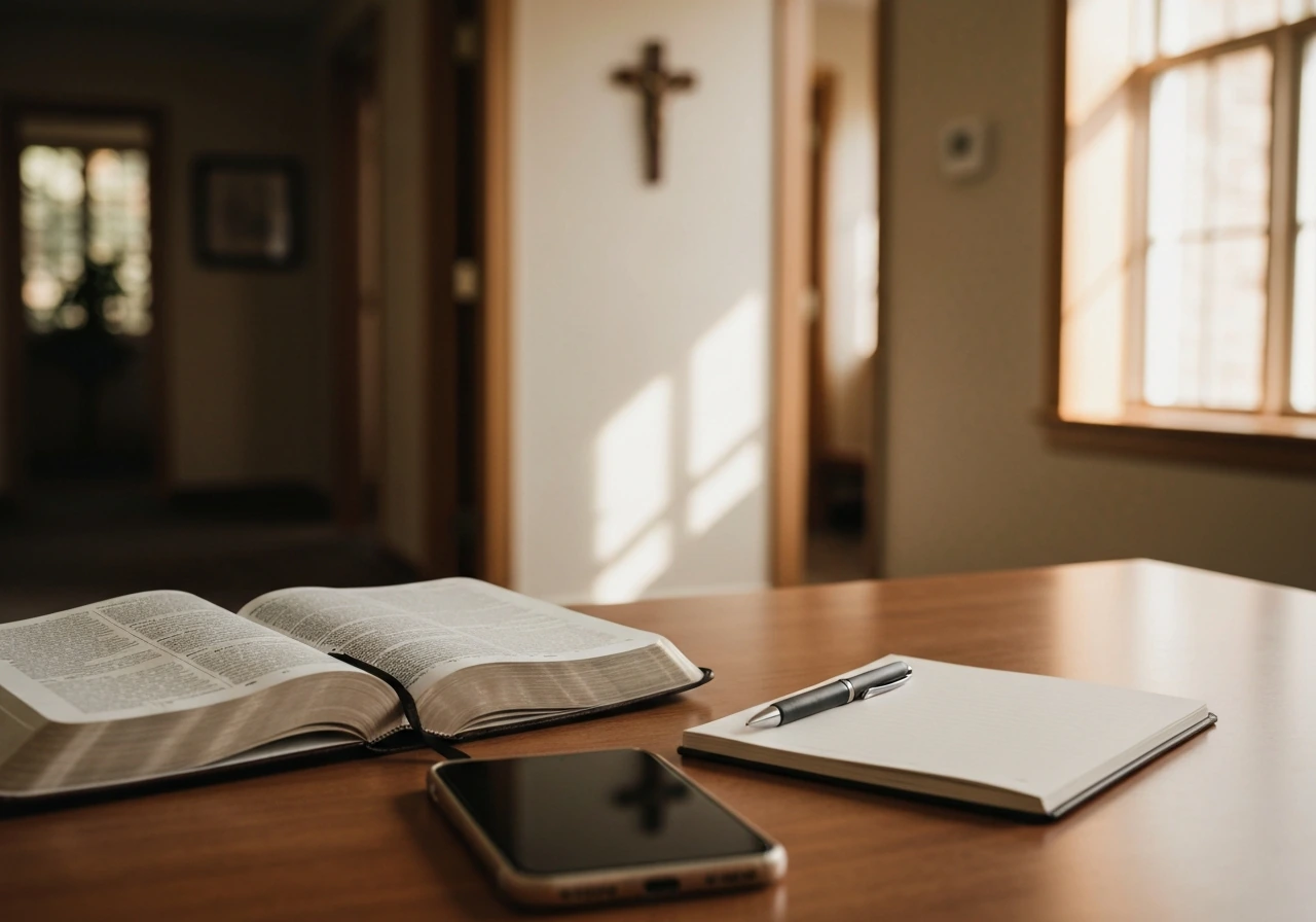 Minimal photo of a church office desk with a Bible, notebook, and a pen beside a smartphone