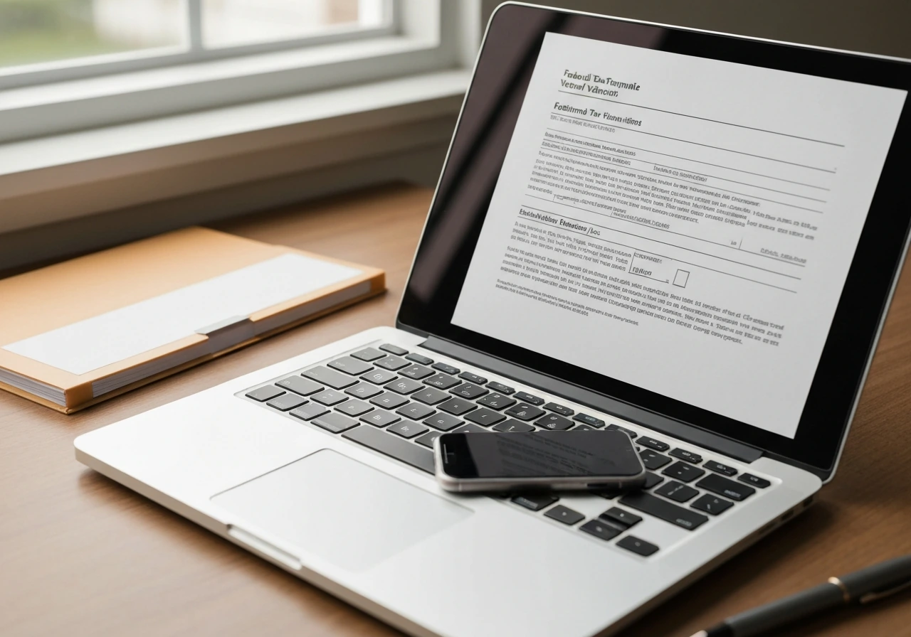 Minimal desk with laptop displaying a generic nonprofit filing form and highlighted EIN area for comparison.