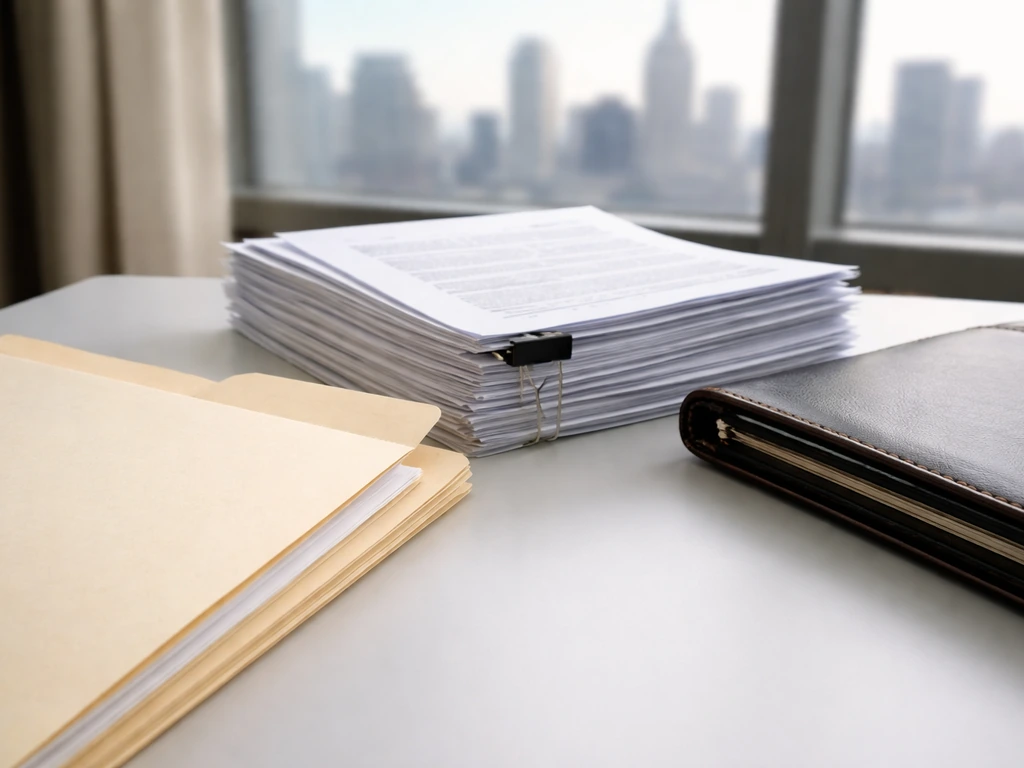 Close-up of legal paperwork and a folder on a desk near a window, implying SEC filings.