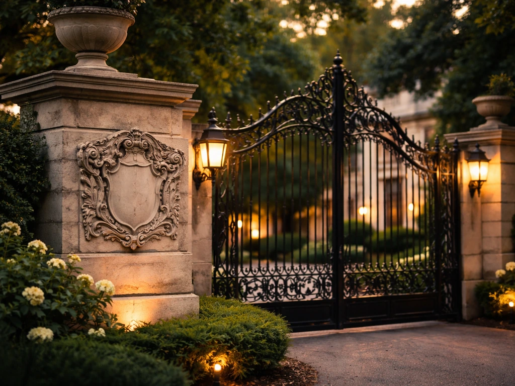 Close-up of the Playboy Mansion entrance sign with a gated exterior in warm evening light.