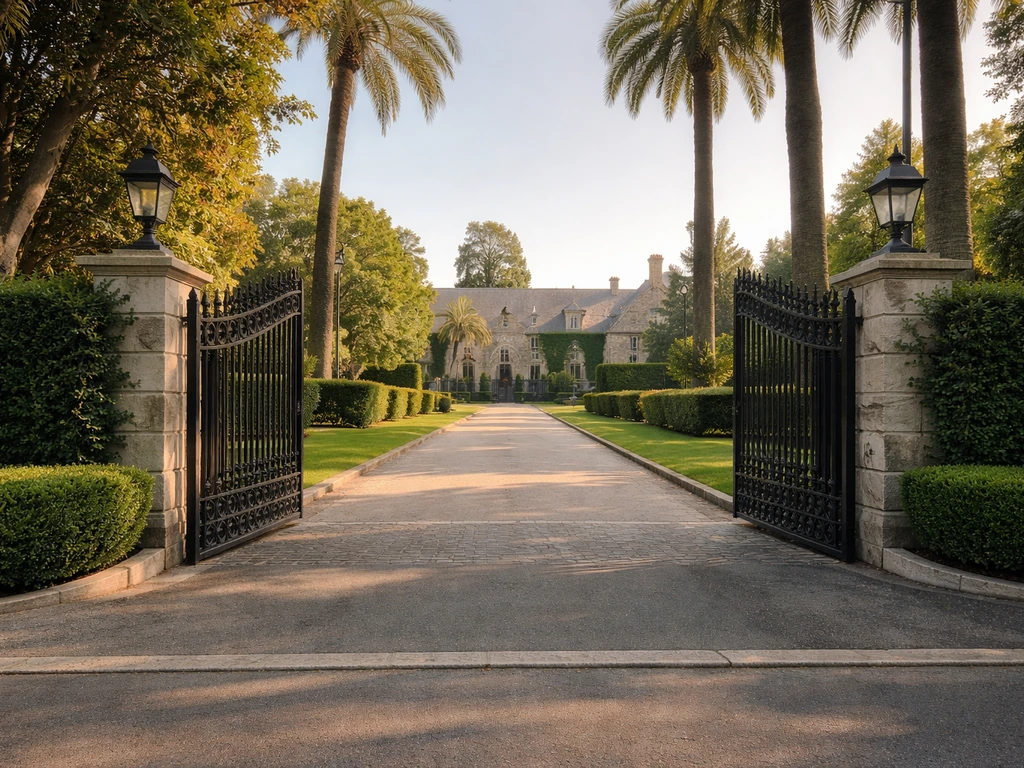 Playboy Mansion-style gated driveway and exterior with palm trees under warm late-afternoon light.