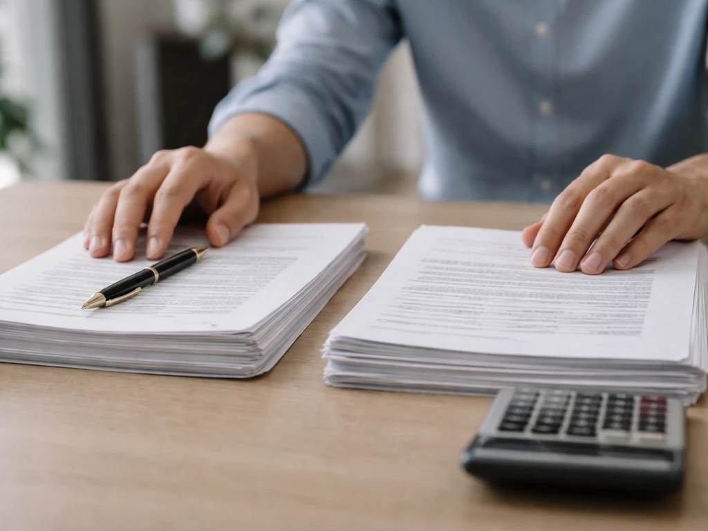 An analyst comparing two piles of documents with a pen and calculator under natural light