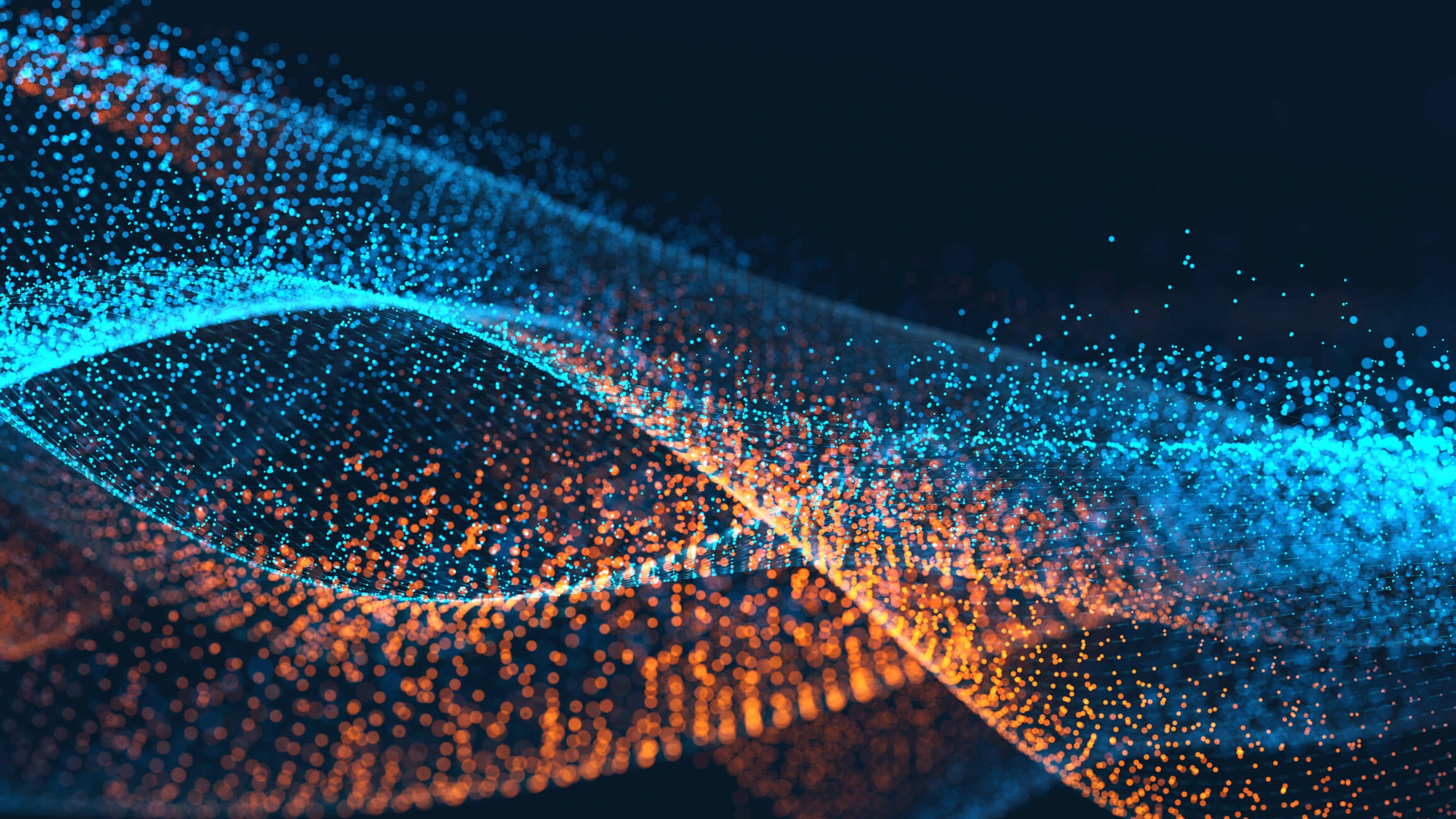 Editorial-style photo with abstract blue and orange particle waves