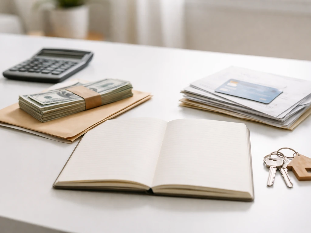 Close-up of an open notebook with cash, a calculator, and a simple assets-minus-liabilities setup, no text.