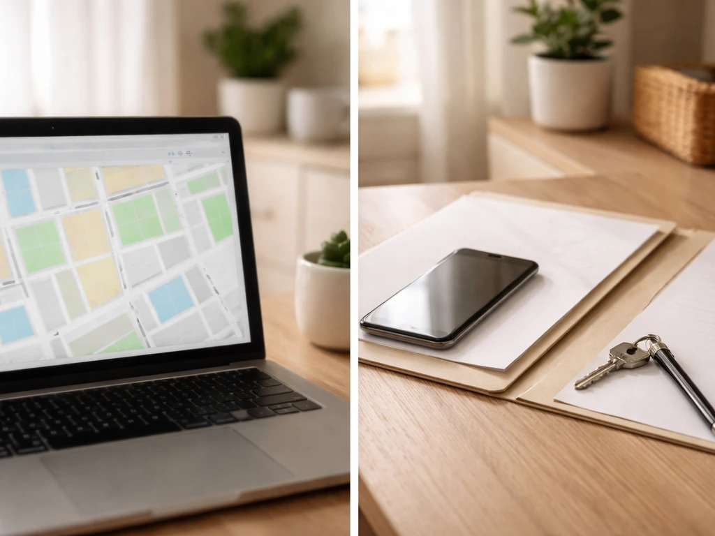 Minimal desk and laptop showing a blurred real-estate map, key and documents suggesting property verification.