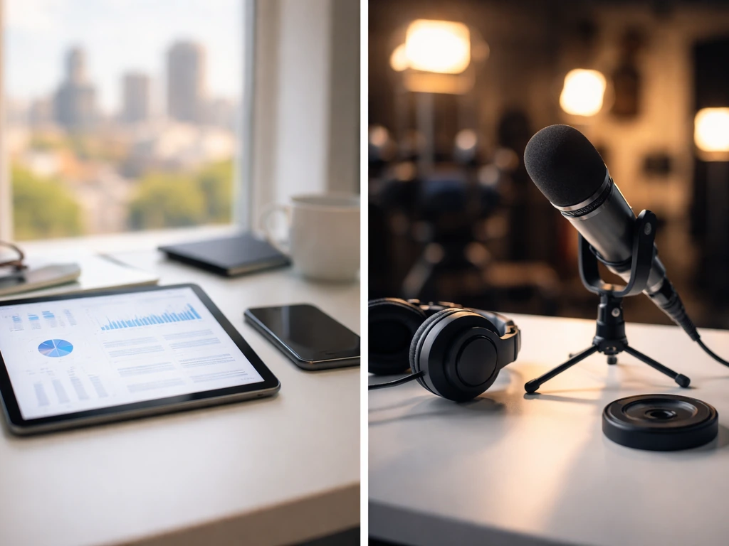 Minimal desk scene showing two side-by-side business vs media/studio comparison thumbnails with blurred details