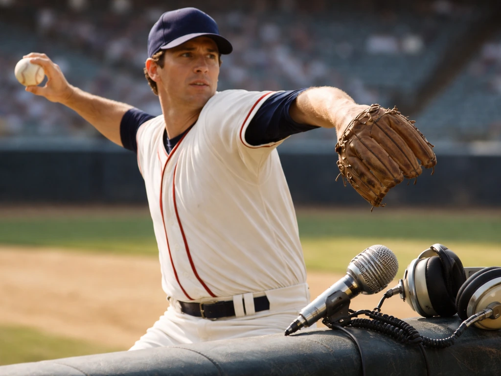 Vintage MLB pitcher mid-throw with a media microphone on a dugout railing, sunlit stadium blur.