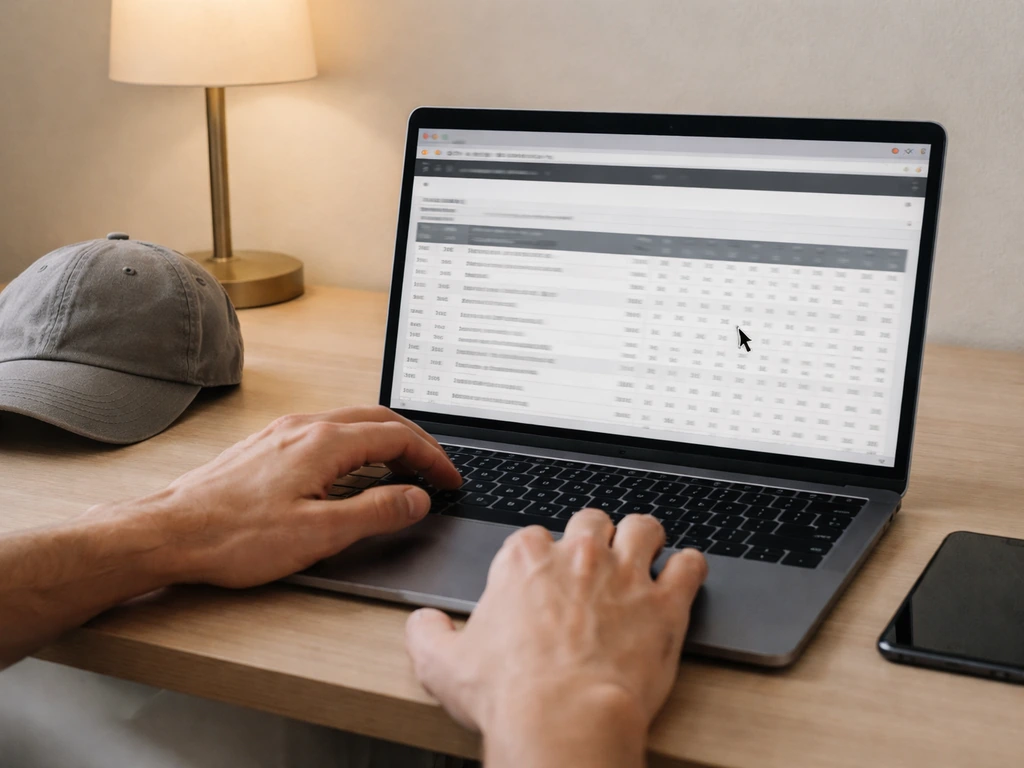 Hands cross-checking a baseball statistics webpage on a laptop in a home office, minimal desk scene.