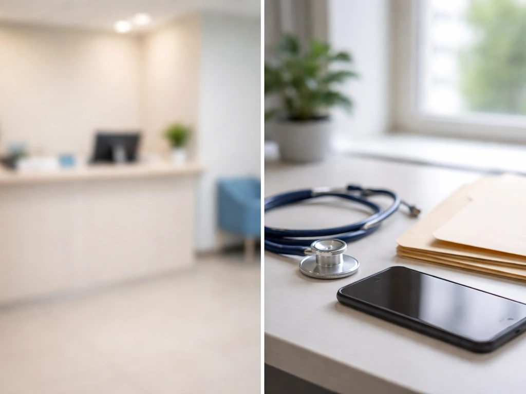 Minimal photo collage of anonymous medical office and finance-related desk items symbolizing identifying the right physi