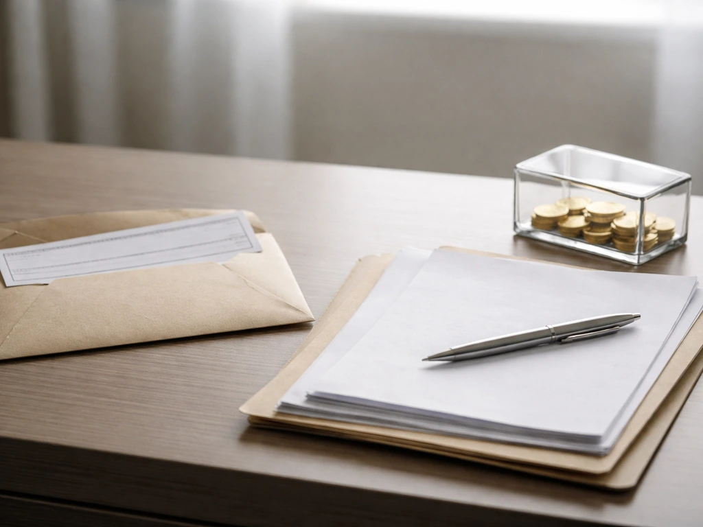 Minimal desk scene with a medical paycheck-style envelope and a clean equity payoff concept